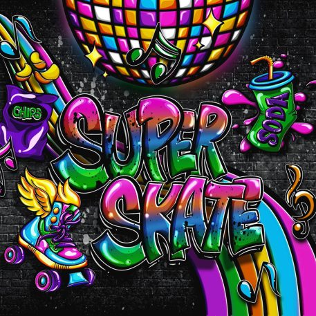 Colorful graphic featuring "Super Skate," roller skates, snacks, drinks, and a disco ball, highlighting a vibrant skating theme.