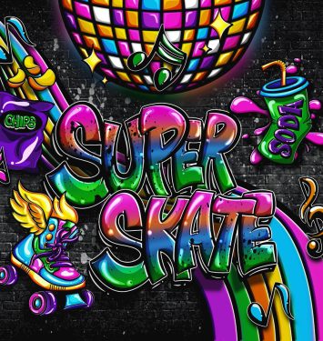 Super skateboarder graffiti art featuring a disco ball and various vibrant items.