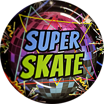 Colorful logo featuring "SUPER SKATE" in bold blue and green letters, surrounded by a disco ball and vibrant party graphics.